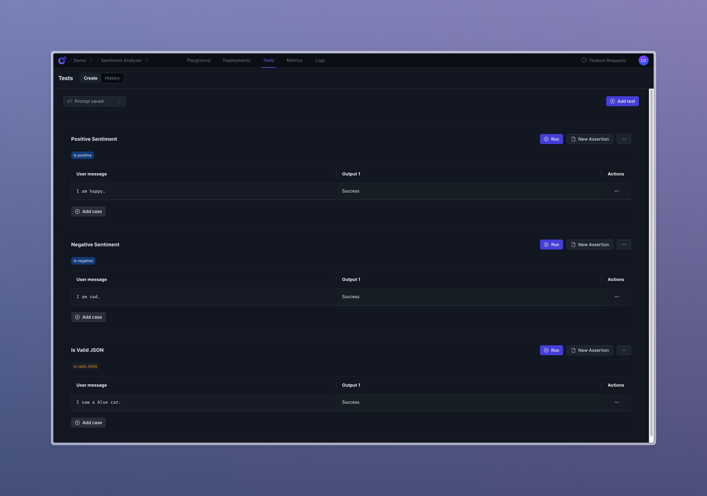Screenshot of Langtail's test section