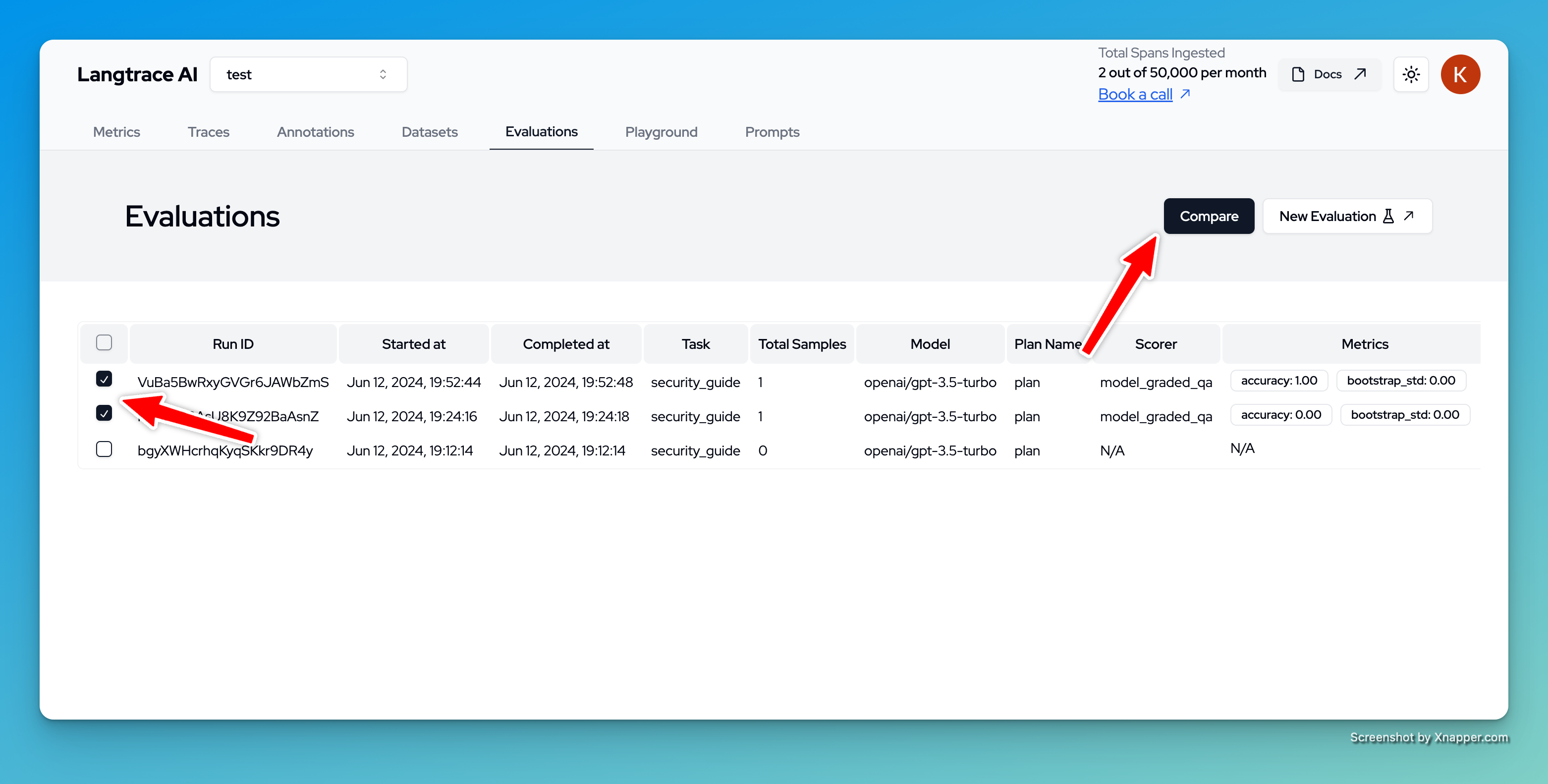 Compare Evaluations - Langtrace AI Docs