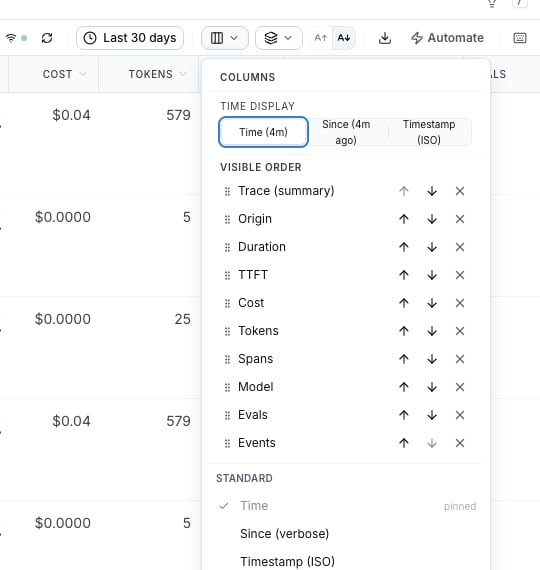 Columns picker with the TTFT column