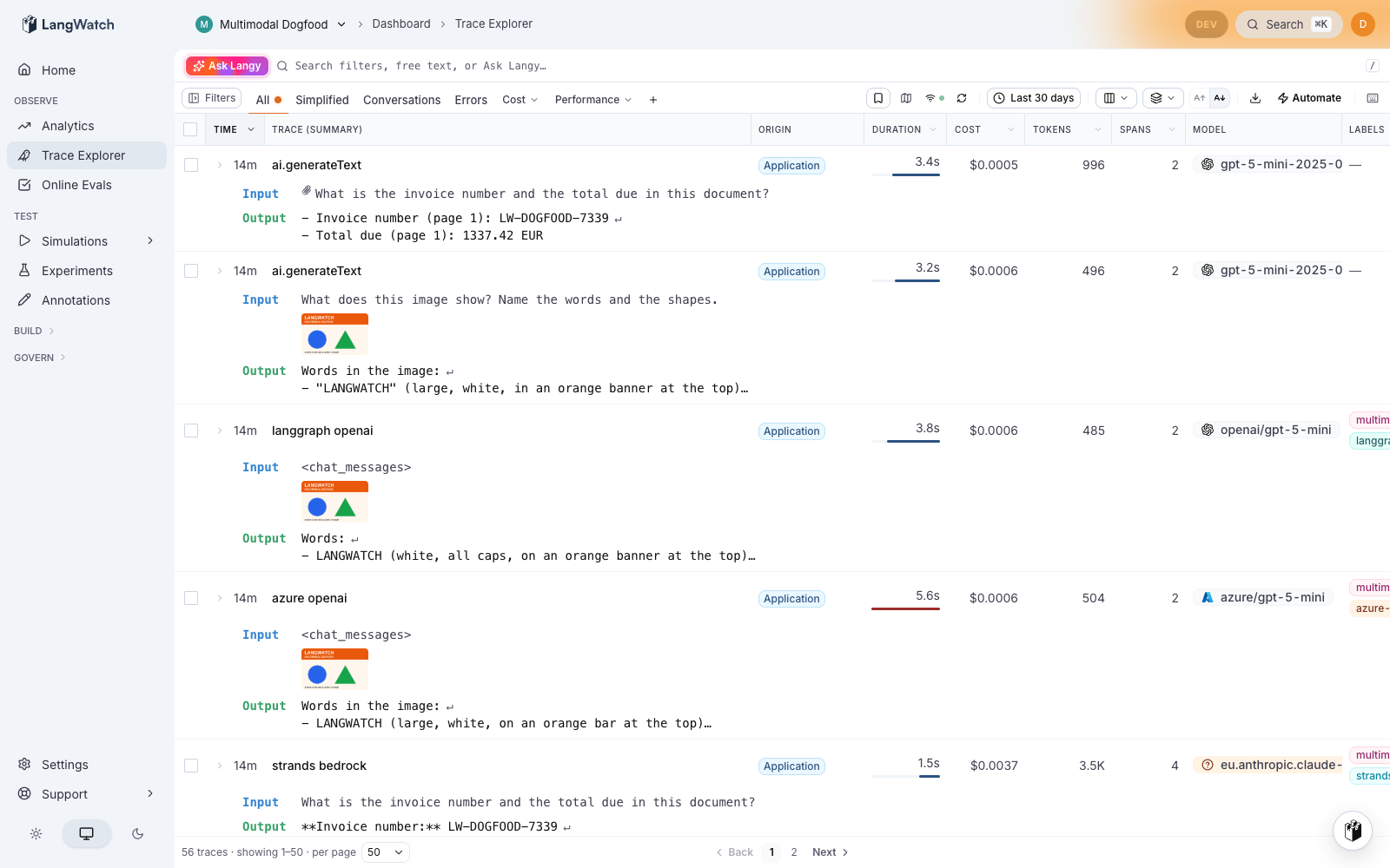 LangWatch trace list with image thumbnails on the input previews