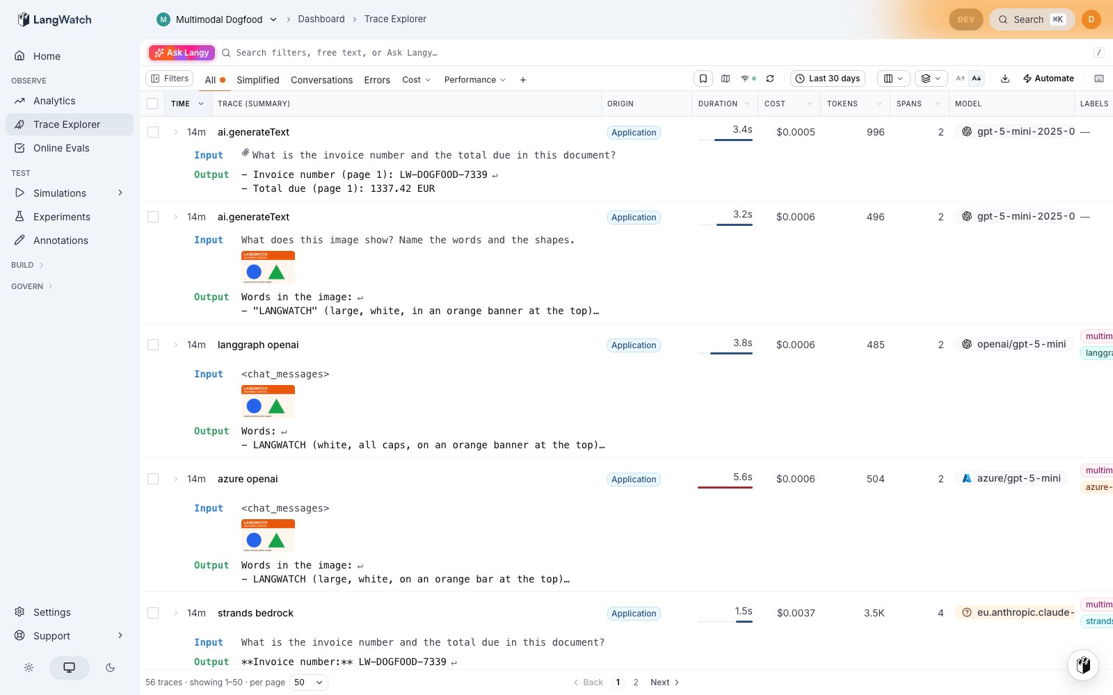 LangWatch trace list with image thumbnails on the input previews
