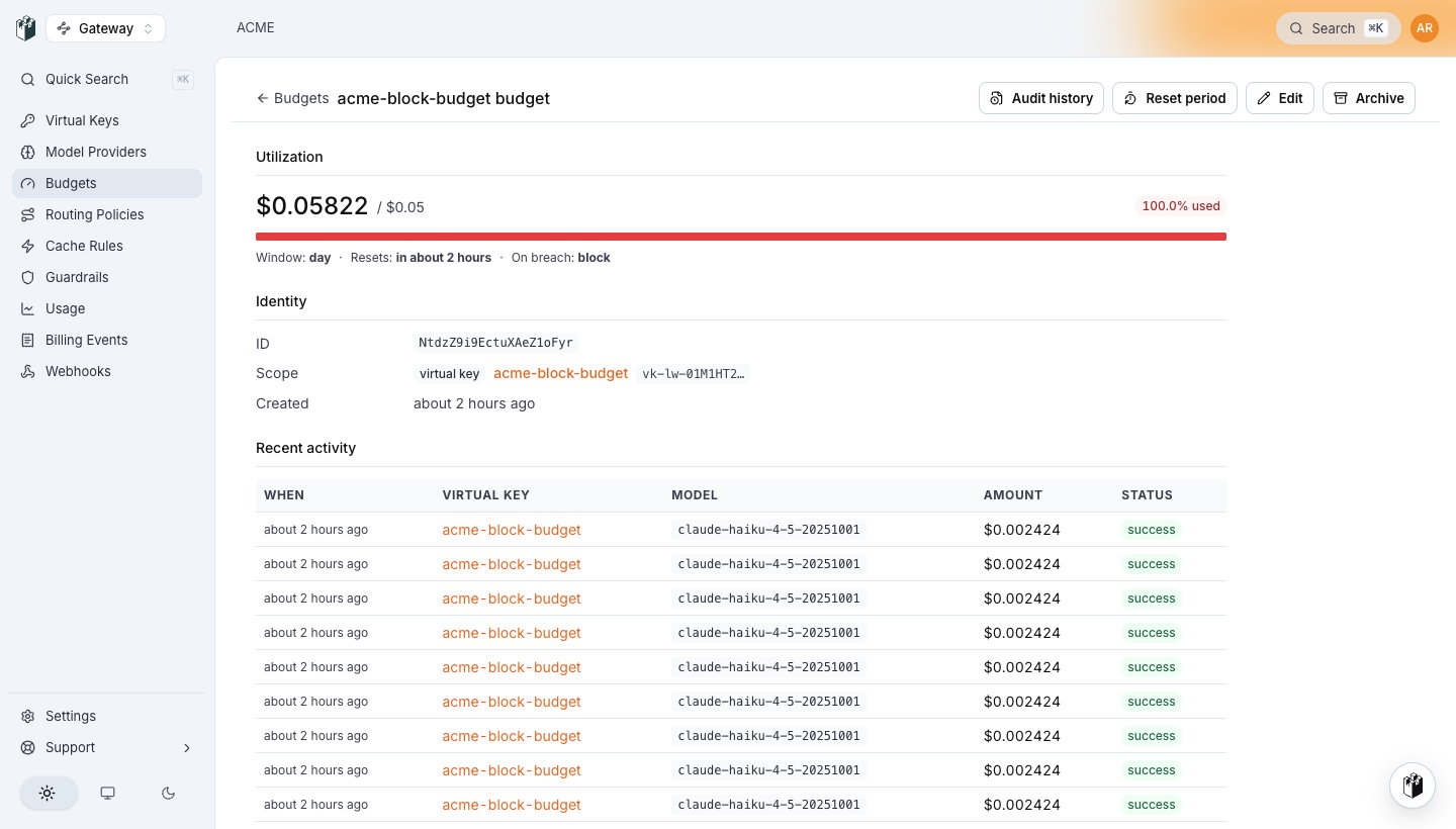 The budget detail page for acme-block-budget with the utilization bar full and red, Window day, On breach block, the Identity block and the Recent activity table