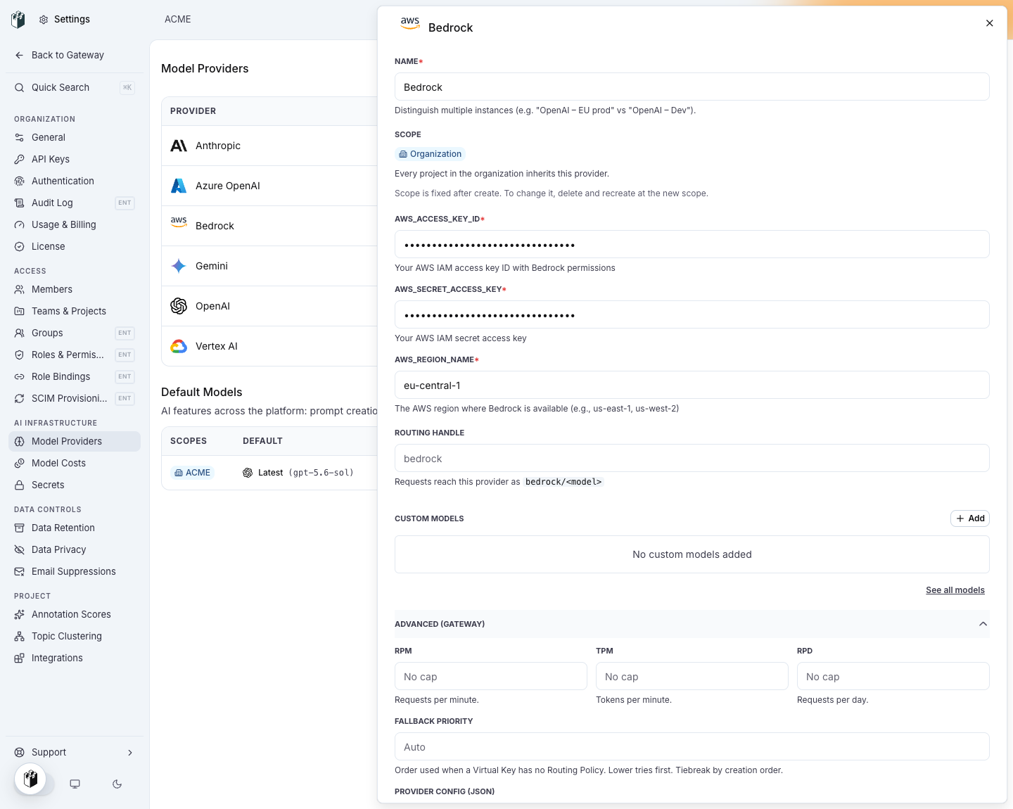 The Bedrock provider drawer with the Advanced (Gateway) section expanded