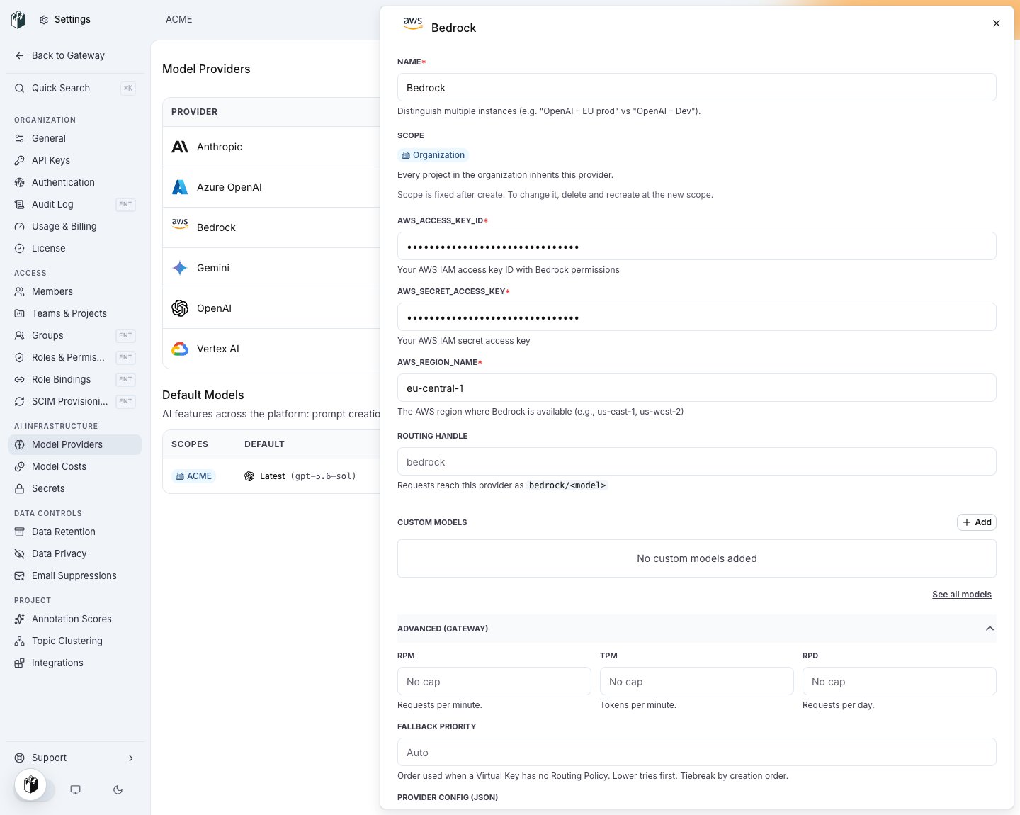The Bedrock provider drawer with the Advanced (Gateway) section expanded