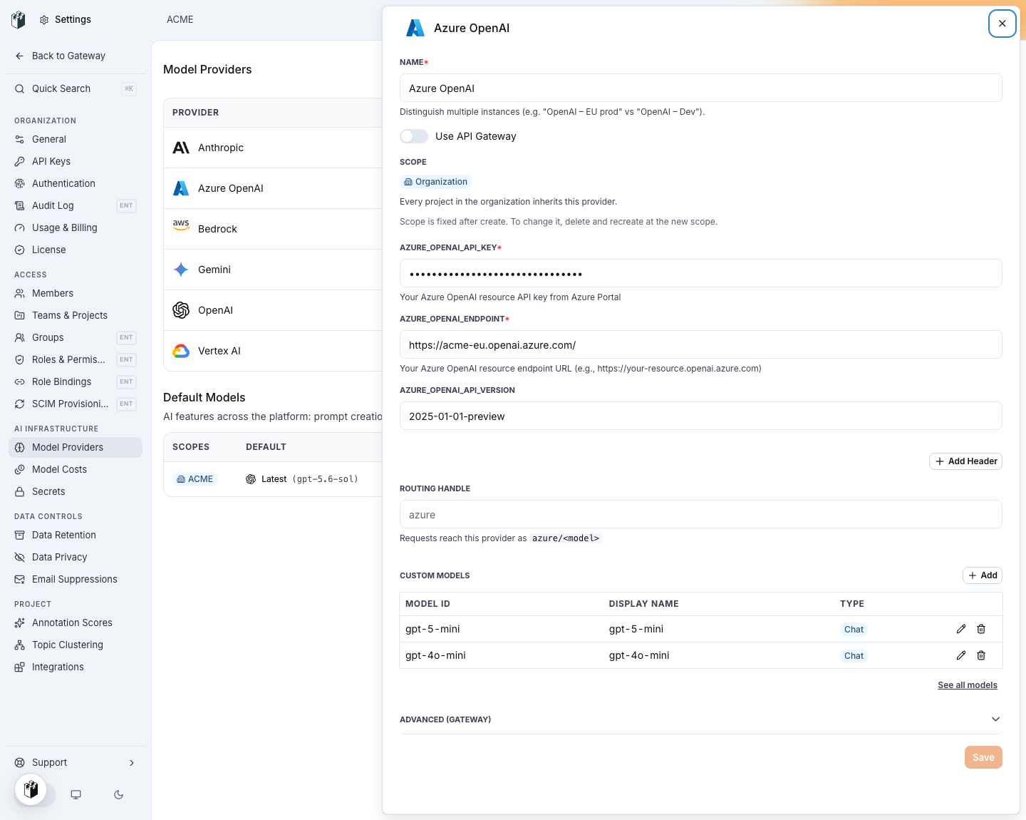 The Azure OpenAI provider drawer with AZURE_OPENAI_API_KEY, AZURE_OPENAI_ENDPOINT, AZURE_OPENAI_API_VERSION 2025-01-01-preview and two custom models