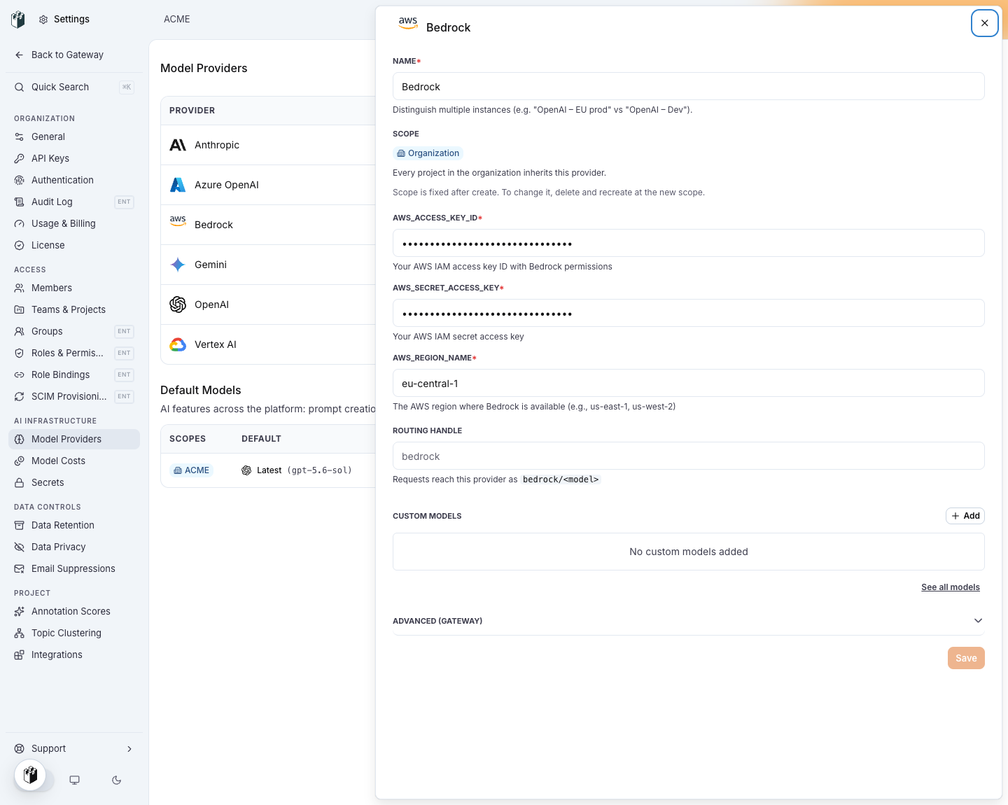 The Bedrock provider drawer with AWS_ACCESS_KEY_ID, AWS_SECRET_ACCESS_KEY and AWS_REGION_NAME eu-central-1