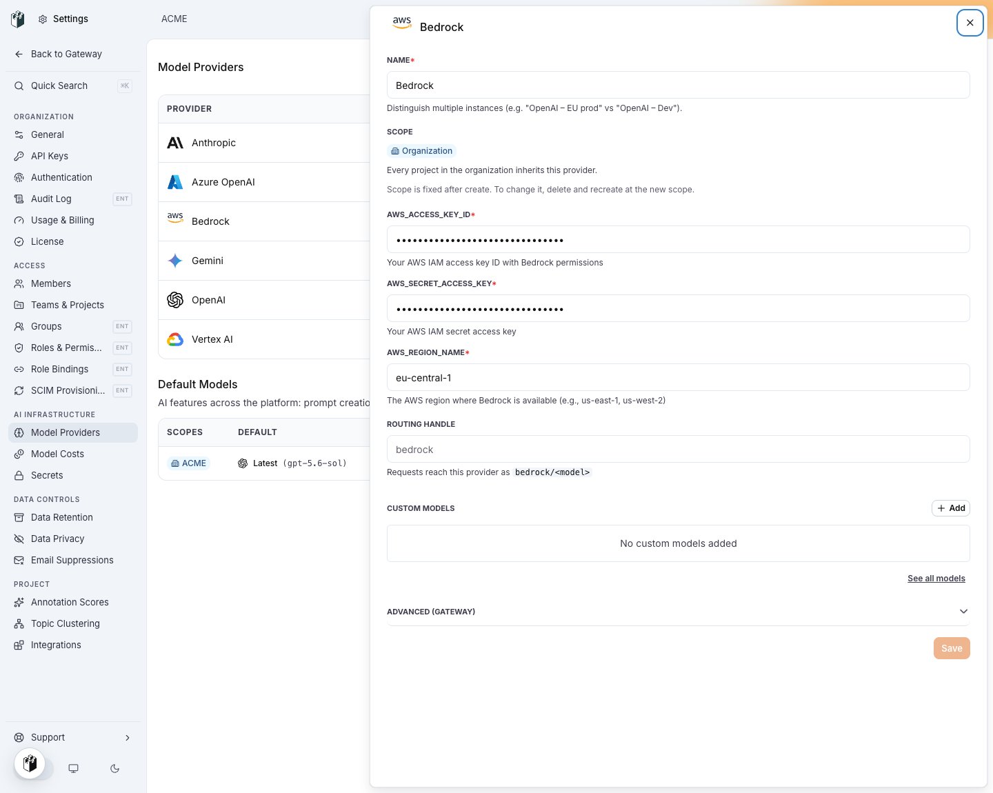 The Bedrock provider drawer with AWS_ACCESS_KEY_ID, AWS_SECRET_ACCESS_KEY and AWS_REGION_NAME eu-central-1