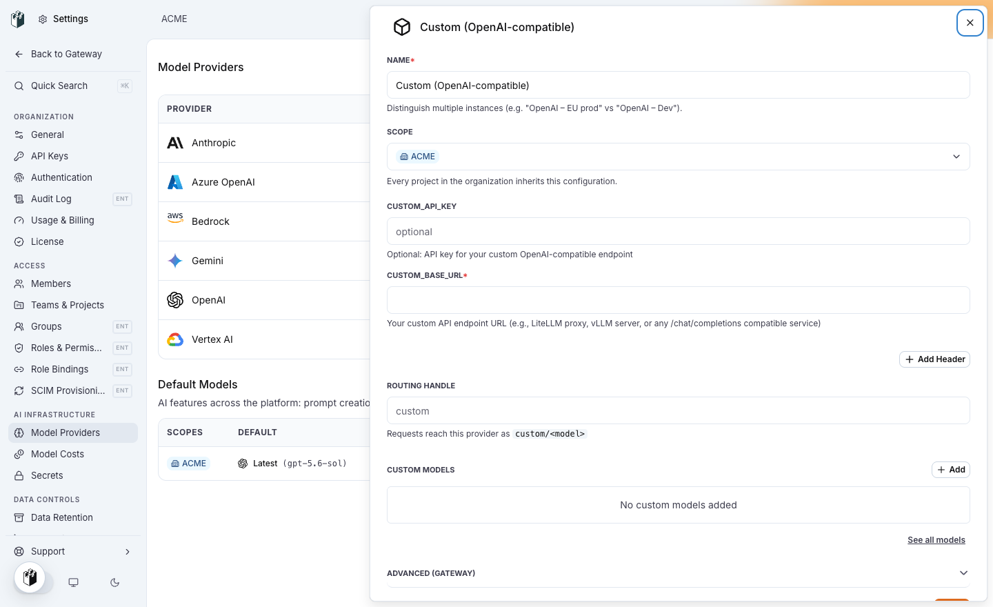 The Custom OpenAI-compatible model provider drawer with CUSTOM_API_KEY, CUSTOM_BASE_URL, an Add Header button and the routing handle custom