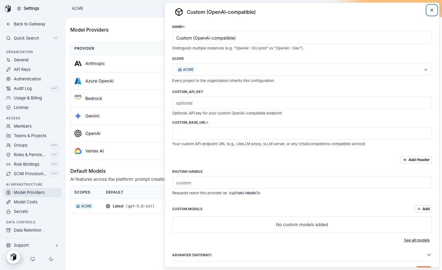 The Custom OpenAI-compatible model provider drawer with CUSTOM_API_KEY, CUSTOM_BASE_URL, an Add Header button and the routing handle custom
