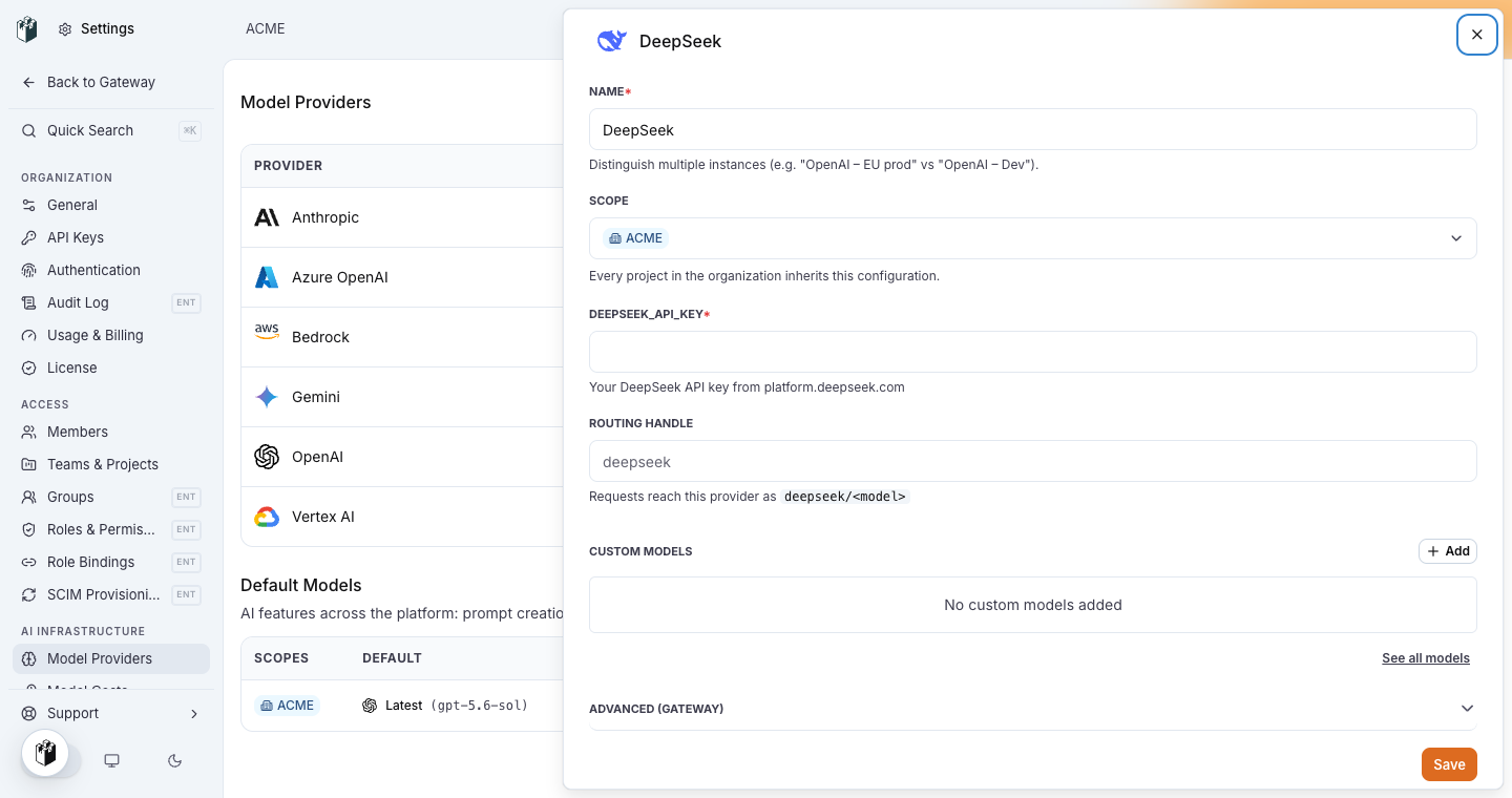 The DeepSeek model provider drawer with the DEEPSEEK_API_KEY field and the routing handle deepseek