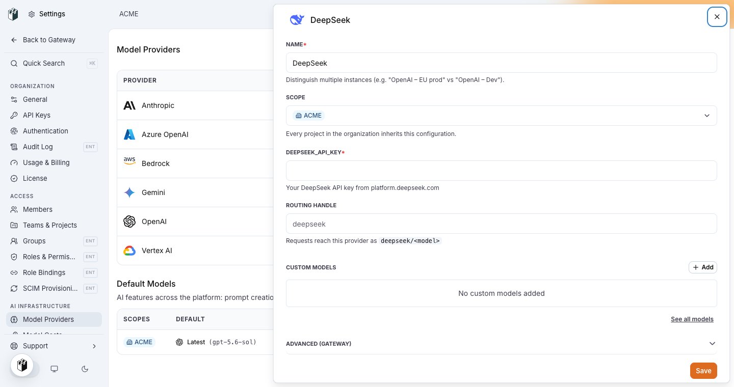 The DeepSeek model provider drawer with the DEEPSEEK_API_KEY field and the routing handle deepseek
