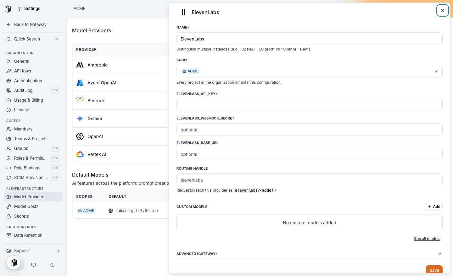 The ElevenLabs model provider drawer with ELEVENLABS_API_KEY, ELEVENLABS_WEBHOOK_SECRET, ELEVENLABS_BASE_URL and the routing handle elevenlabs