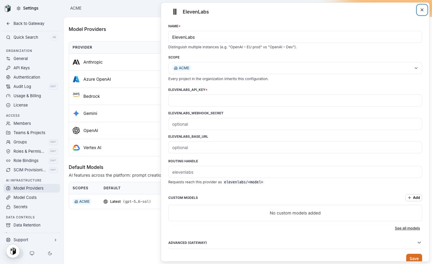 The ElevenLabs model provider drawer with ELEVENLABS_API_KEY, ELEVENLABS_WEBHOOK_SECRET, ELEVENLABS_BASE_URL and the routing handle elevenlabs