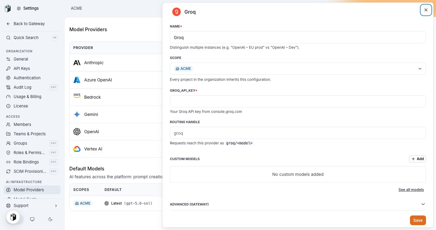 The Groq model provider drawer with the GROQ_API_KEY field and the routing handle groq