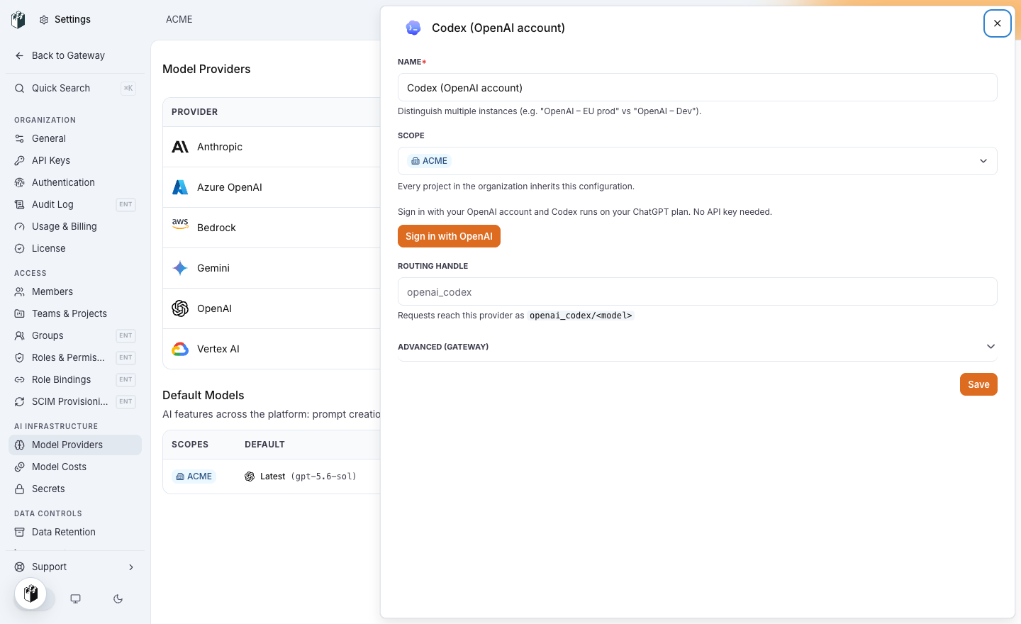 The Codex OpenAI account model provider drawer with the Sign in with OpenAI button and the routing handle openai_codex