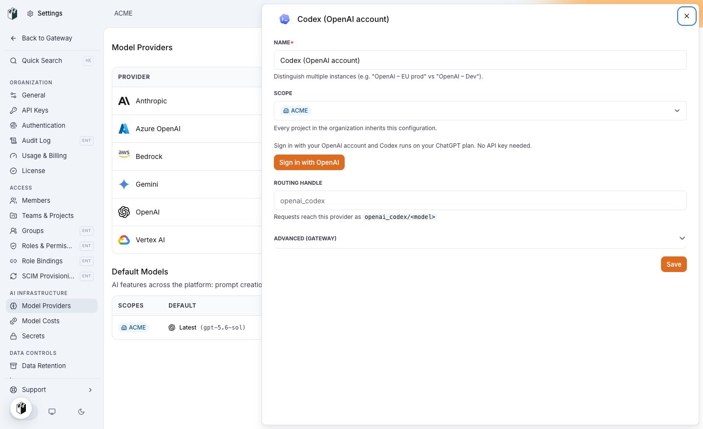 The Codex OpenAI account model provider drawer with the Sign in with OpenAI button and the routing handle openai_codex