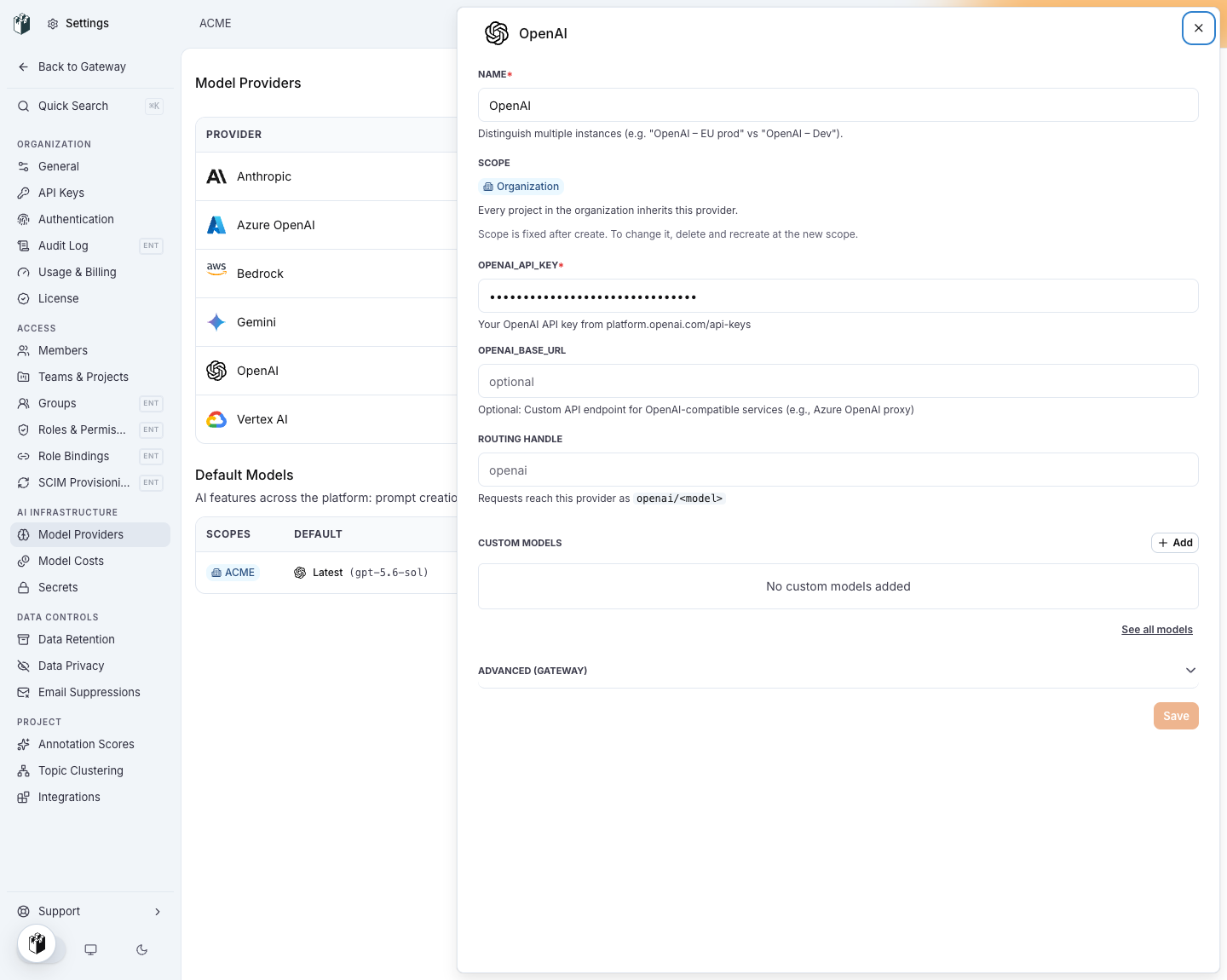 The OpenAI model provider drawer with OPENAI_API_KEY filled in and OPENAI_BASE_URL empty