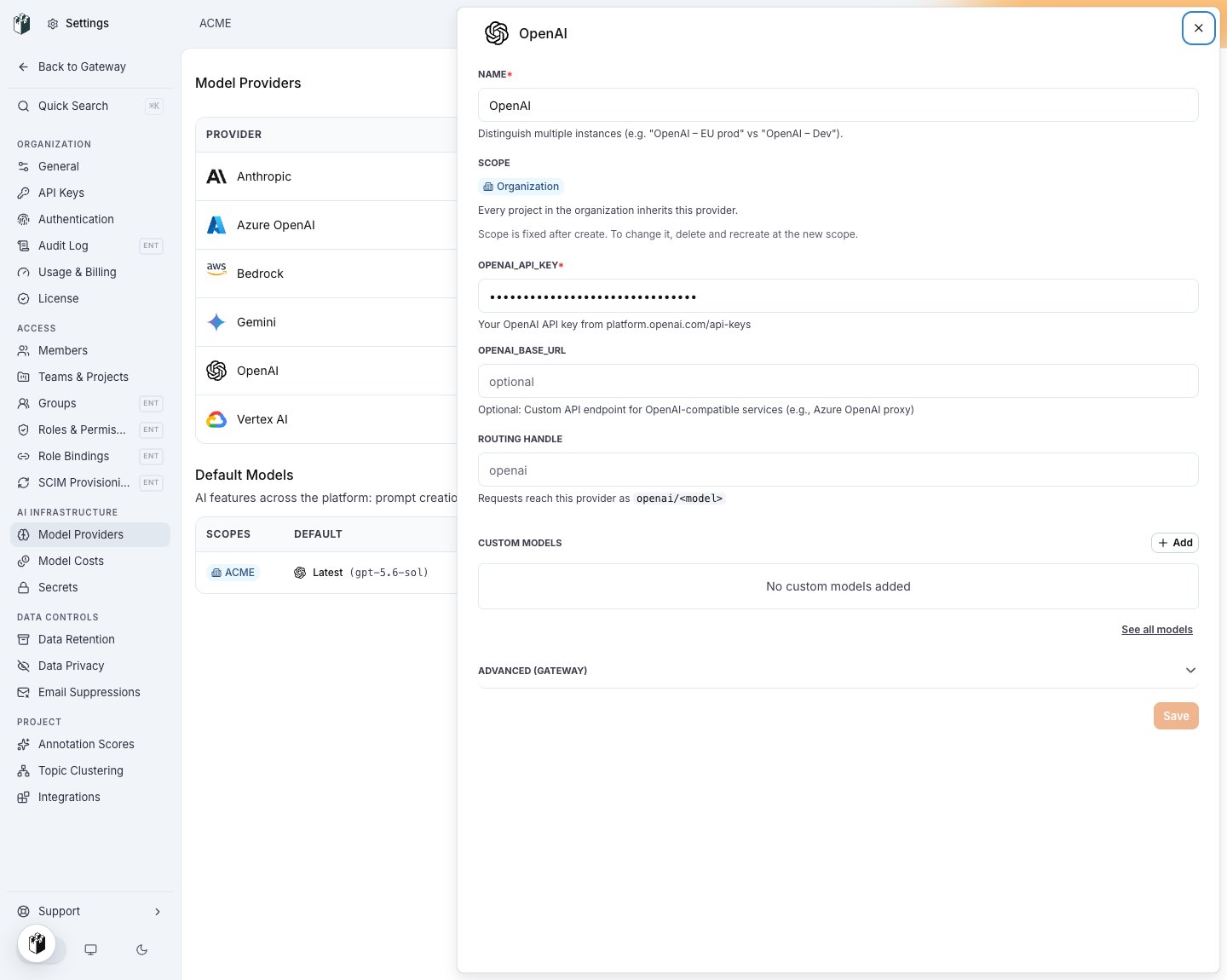 The OpenAI model provider drawer with OPENAI_API_KEY filled in and OPENAI_BASE_URL empty
