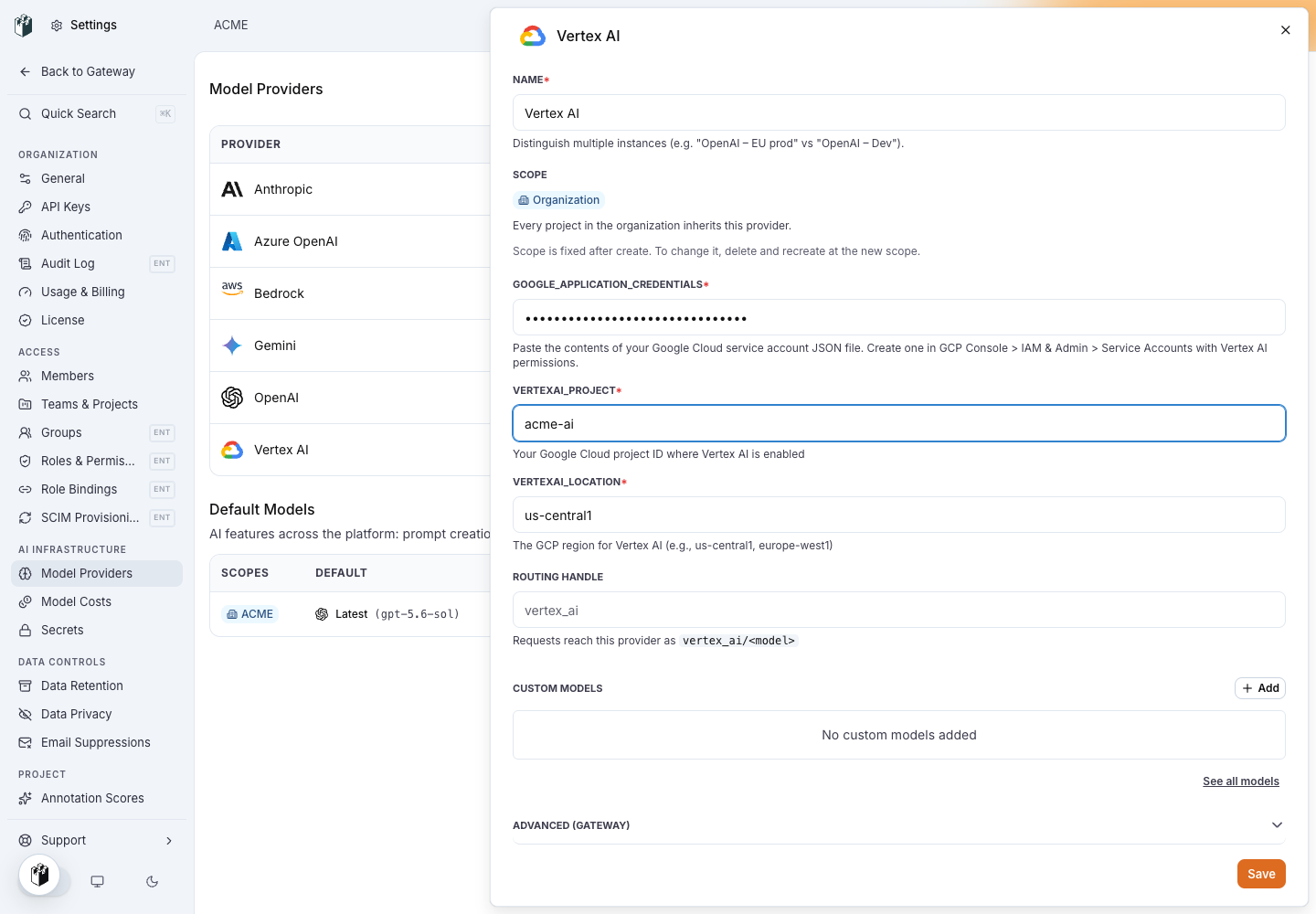The Vertex AI model provider drawer with GOOGLE_APPLICATION_CREDENTIALS filled in, VERTEXAI_PROJECT acme-ai, VERTEXAI_LOCATION us-central1 and the routing handle vertex_ai