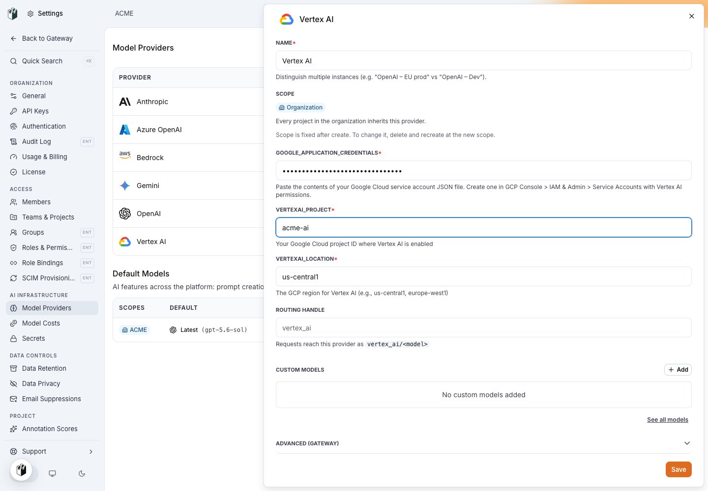 The Vertex AI model provider drawer with GOOGLE_APPLICATION_CREDENTIALS filled in, VERTEXAI_PROJECT acme-ai, VERTEXAI_LOCATION us-central1 and the routing handle vertex_ai
