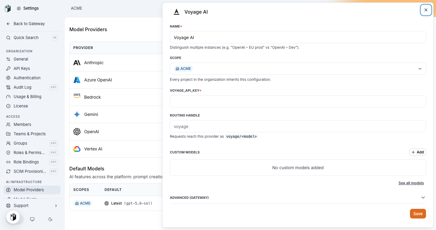 The Voyage AI model provider drawer with the VOYAGE_API_KEY field and the routing handle voyage