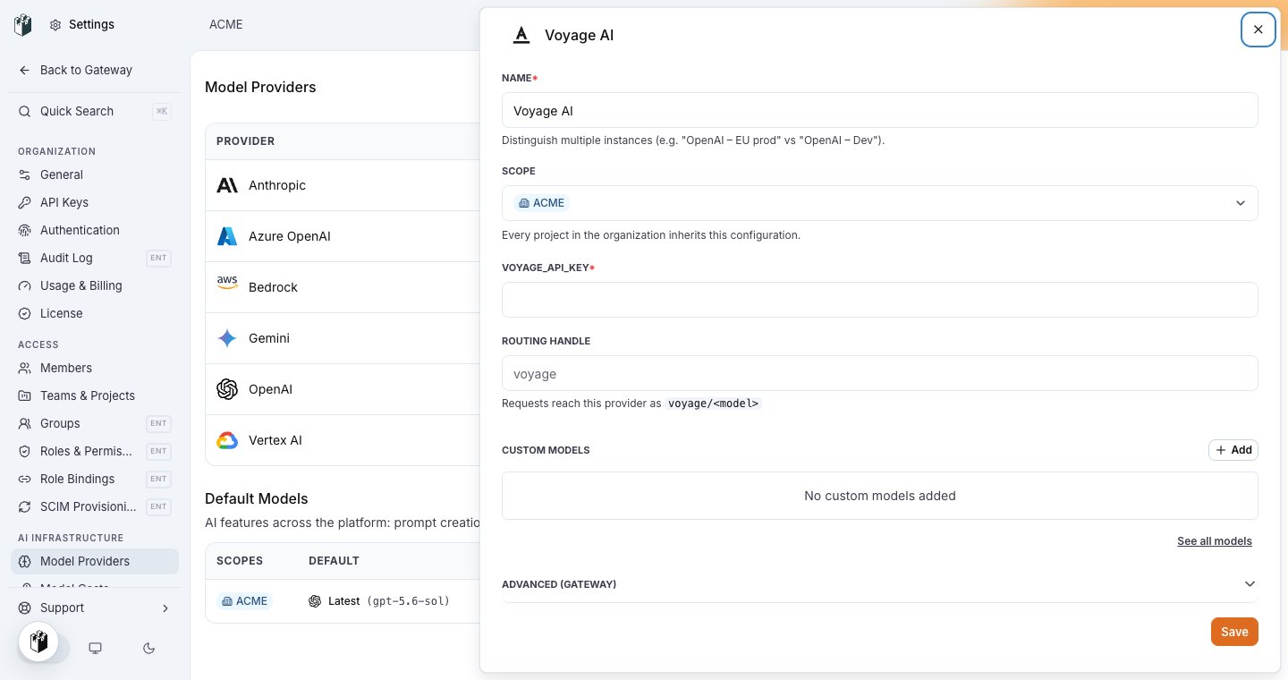 The Voyage AI model provider drawer with the VOYAGE_API_KEY field and the routing handle voyage