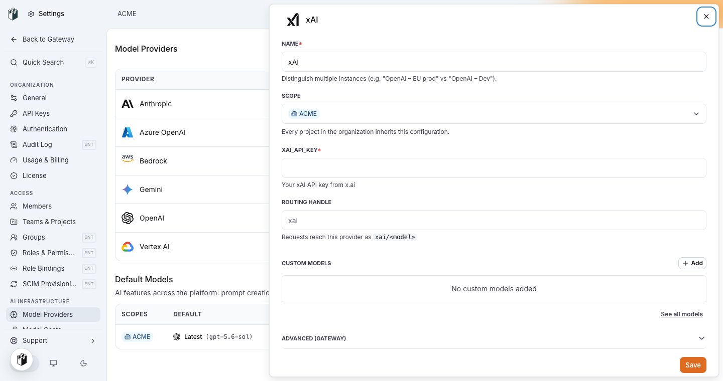 The xAI model provider drawer with the XAI_API_KEY field and the routing handle xai
