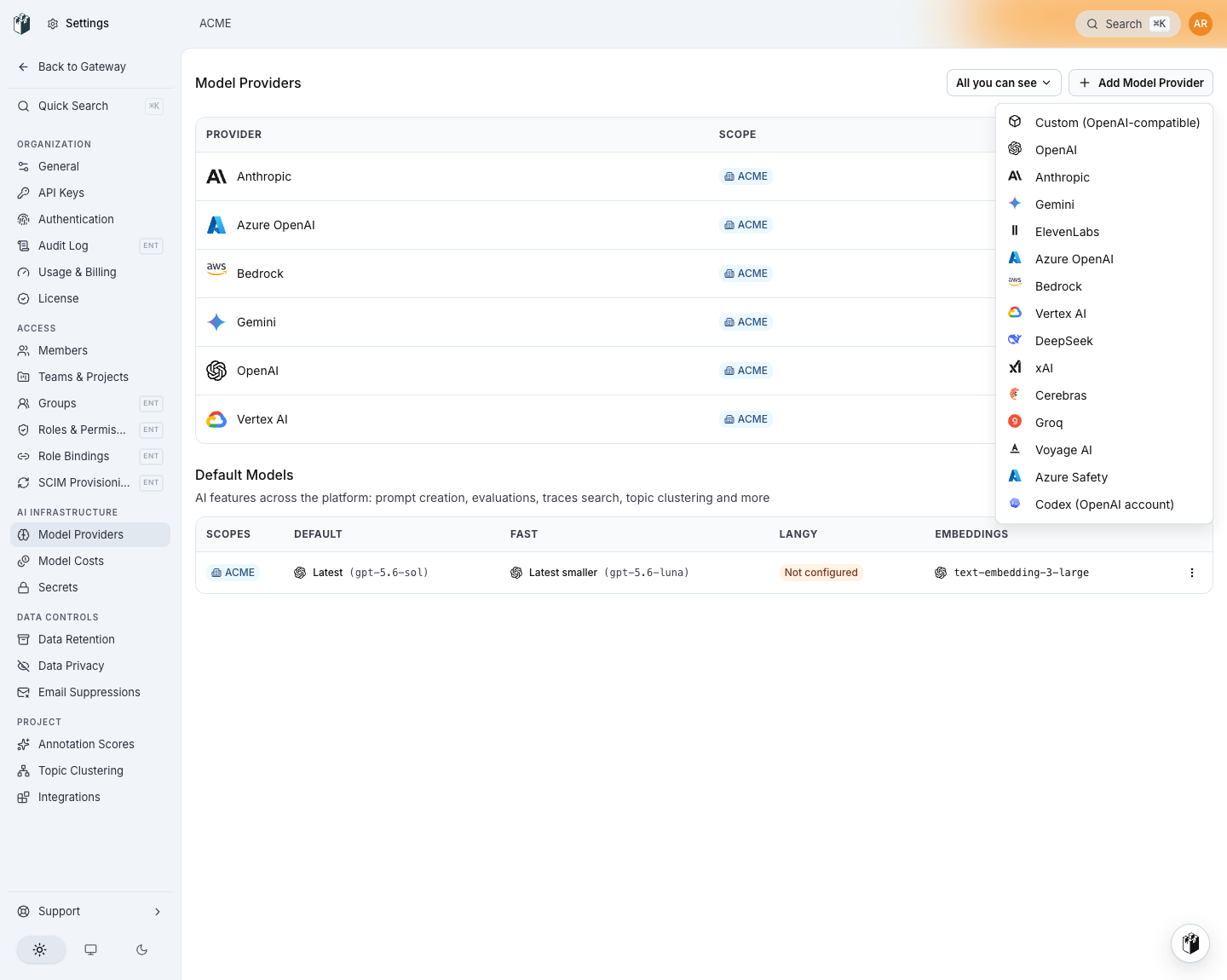 The Model Providers page with the Add Model Provider menu open, listing every provider