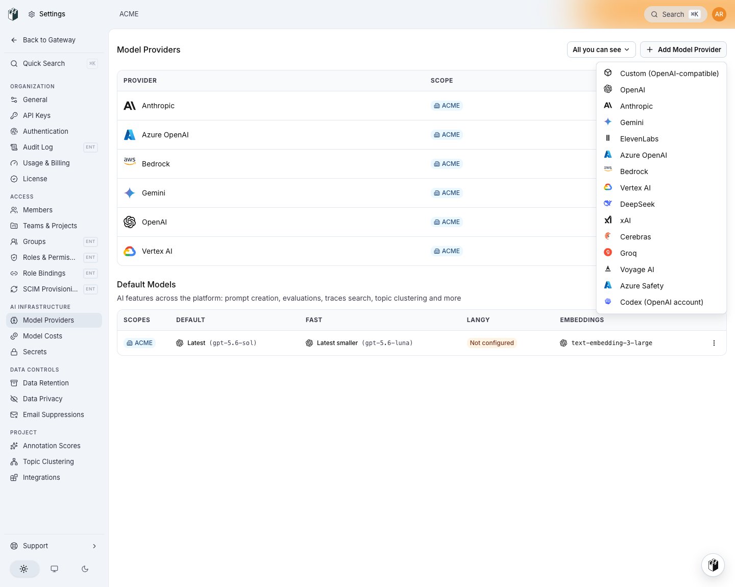 The Model Providers page with the Add Model Provider menu open, listing every provider