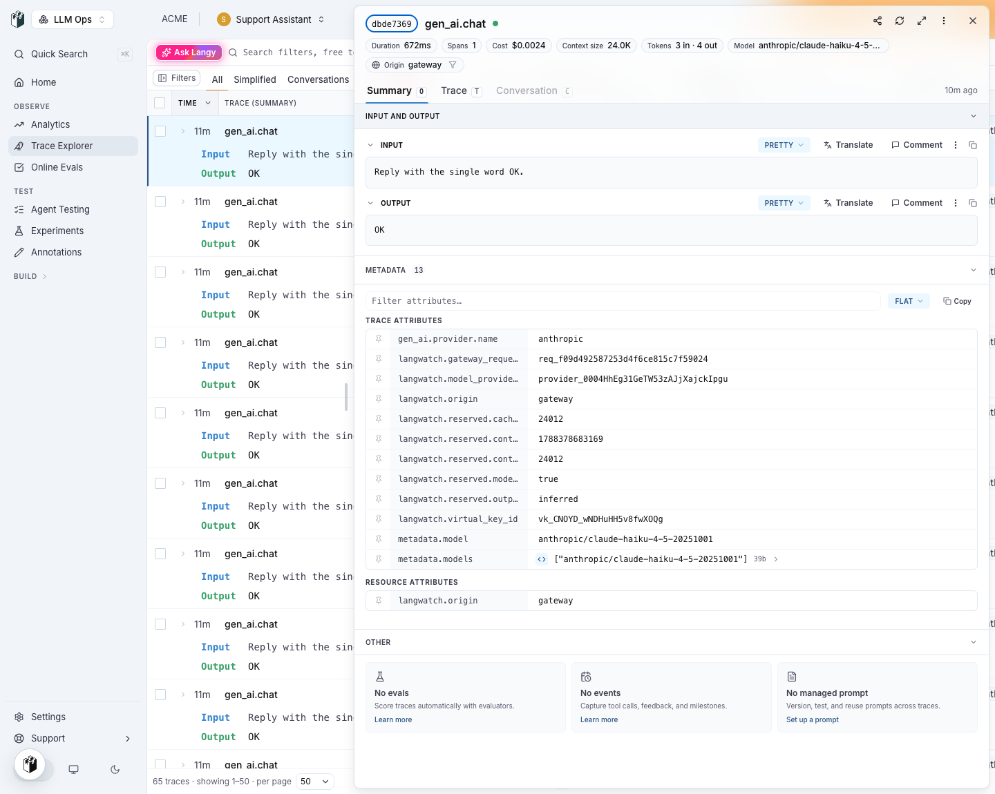 Trace Explorer with a gen_ai.chat span open, showing cost, tokens, the model and the langwatch.virtual_key_id, gateway_request_id and model_provider_id attributes