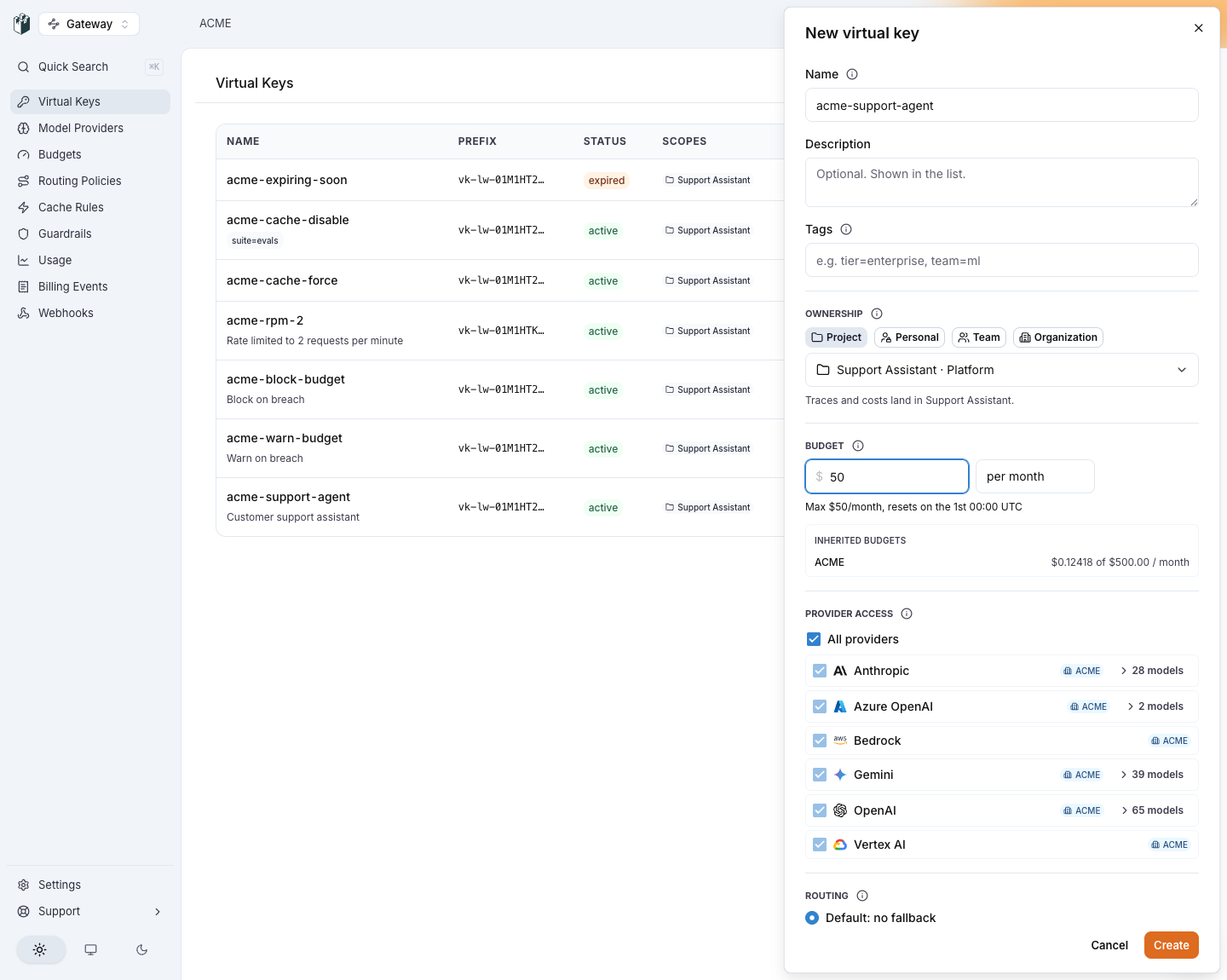 The New virtual key drawer with ownership, budget, inherited budgets, provider access and routing