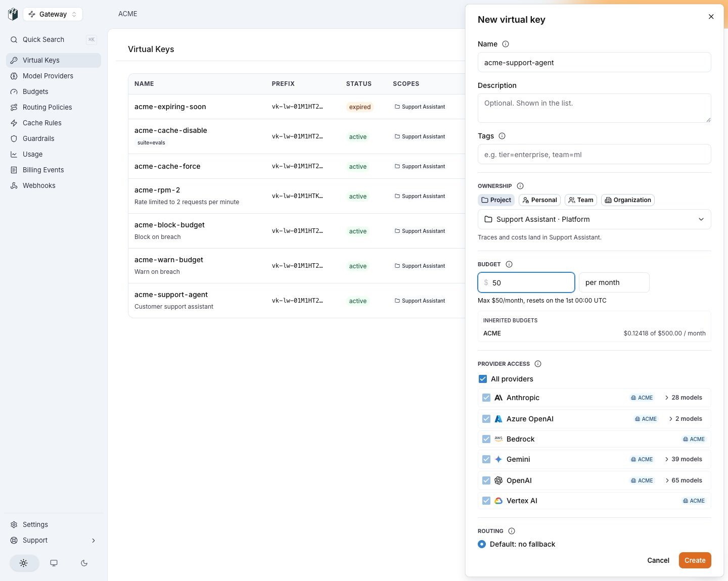 The New virtual key drawer with ownership, budget, inherited budgets, provider access and routing