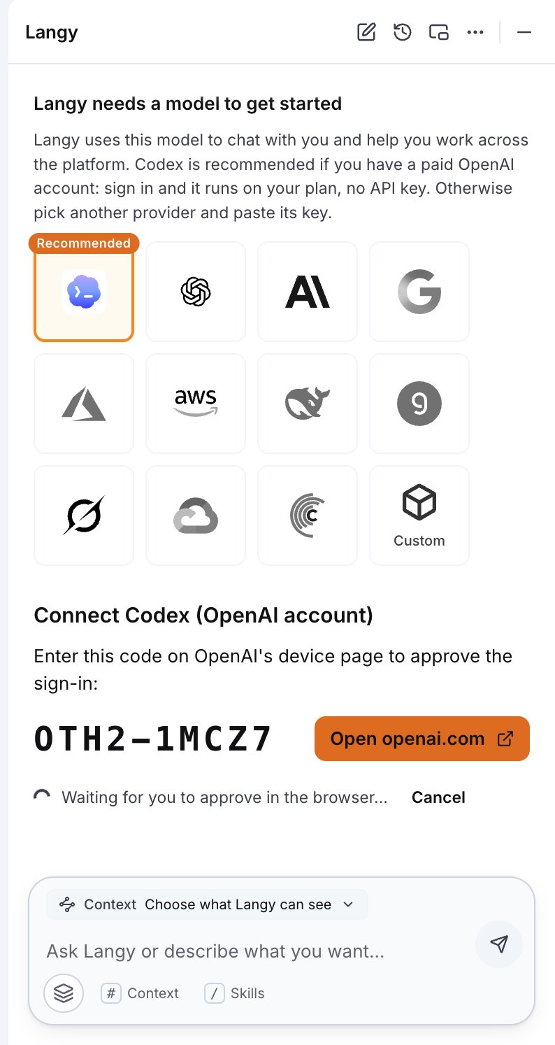 The Langy panel showing a device code and waiting for approval on OpenAI's device page