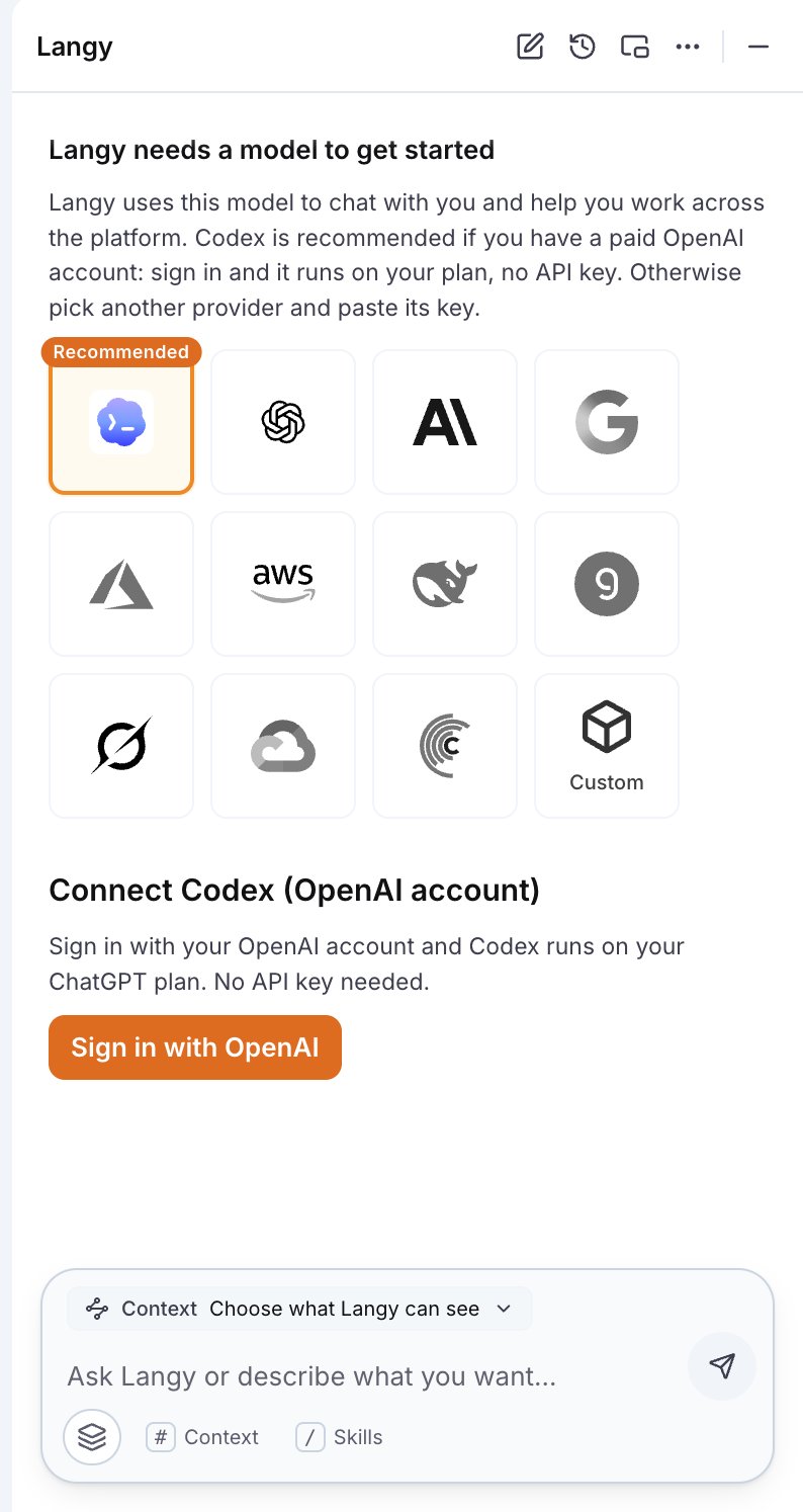The Langy panel's model setup, with Codex recommended at the top of the provider grid