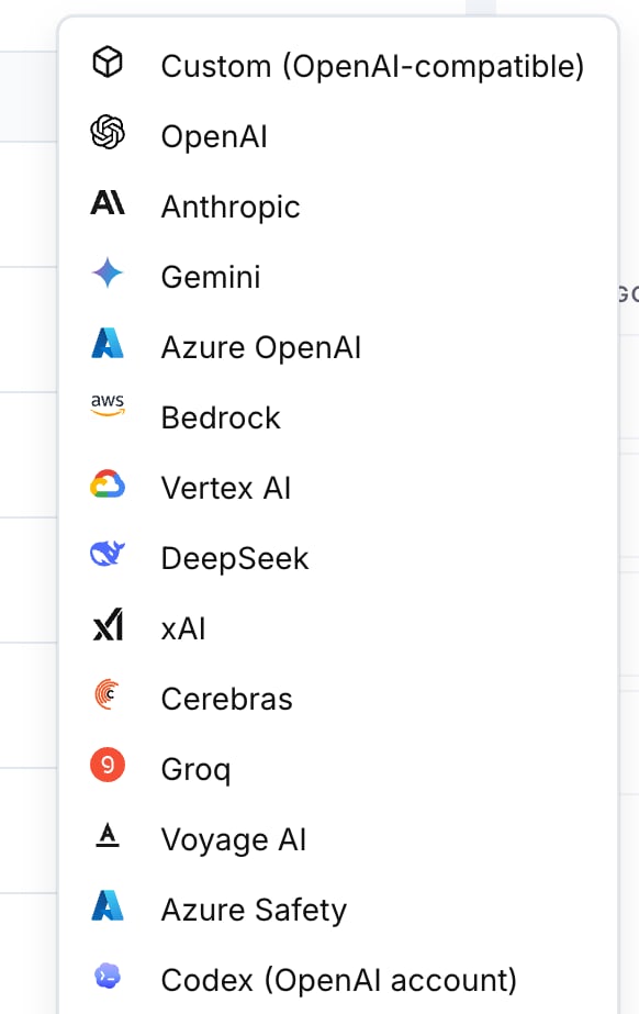 The Add Model Provider list with Codex at the bottom