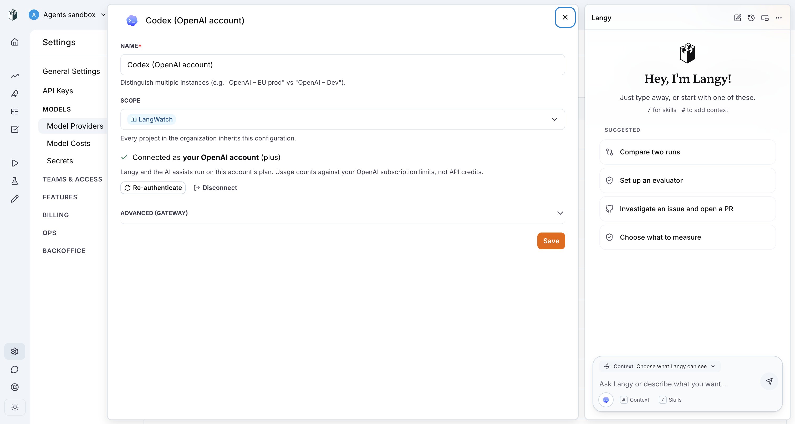 The Codex provider drawer connected to an OpenAI account
