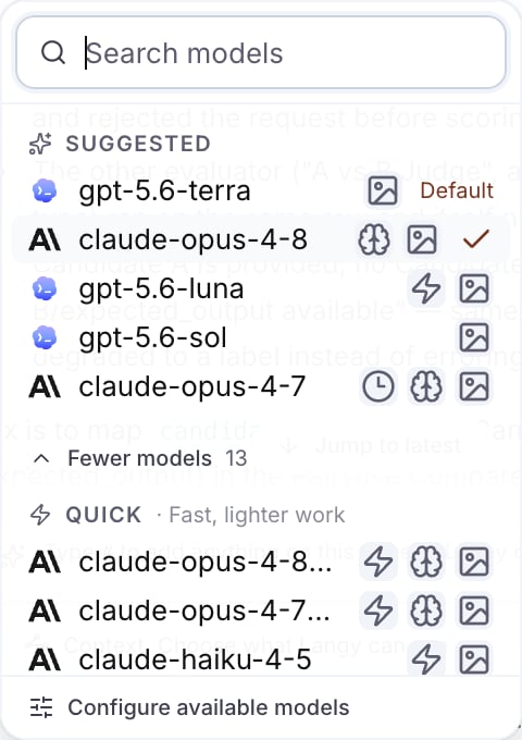 The Langy model menu with gpt-5.6 models carrying the Codex icon