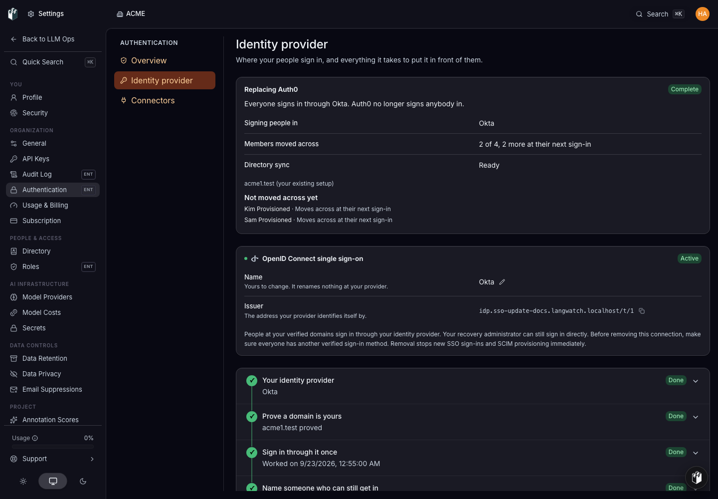 The update status reads Complete. Everyone signs in through the new connection and the previous provider signs nobody in.