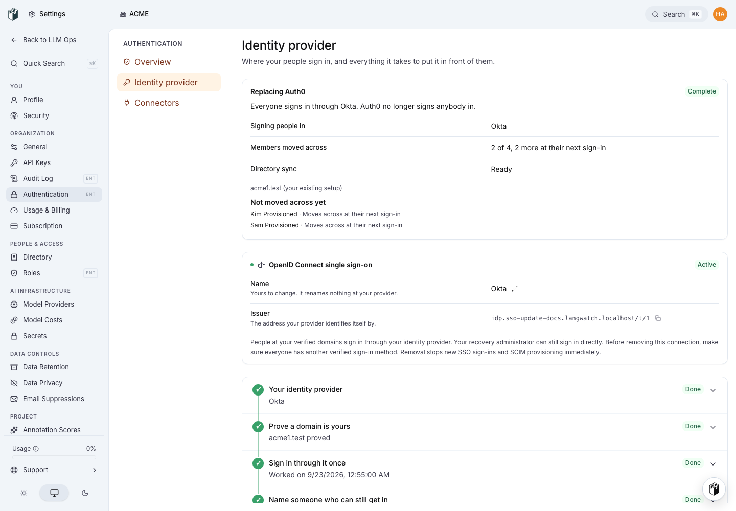 The update status reads Complete. Everyone signs in through the new connection and the previous provider signs nobody in.