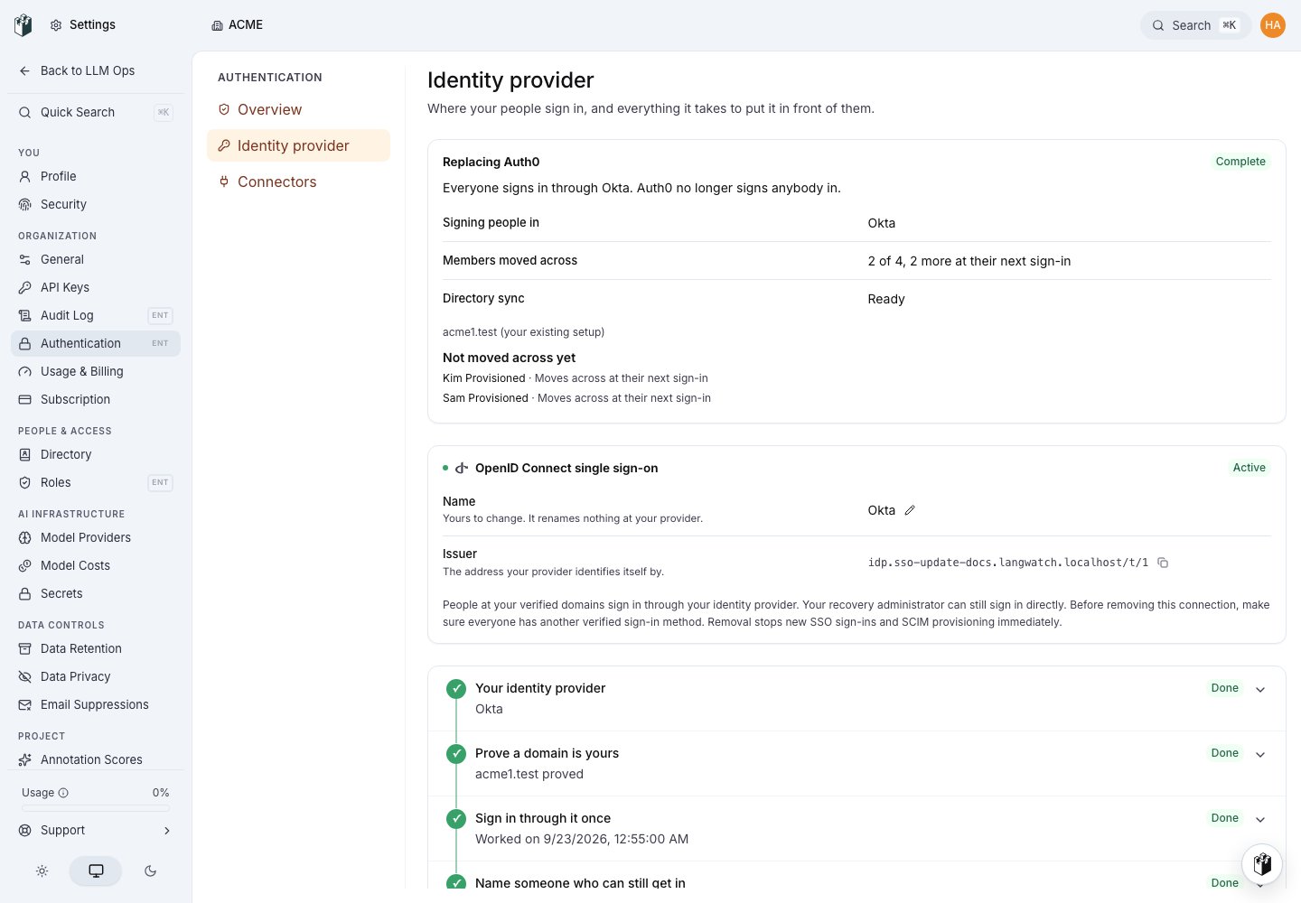 The update status reads Complete. Everyone signs in through the new connection and the previous provider signs nobody in.
