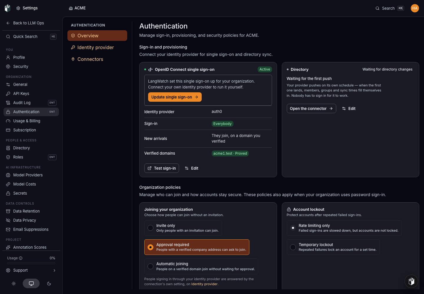 The Authentication overview. The single sign-on card says LangWatch set it up and offers Update single sign-on.