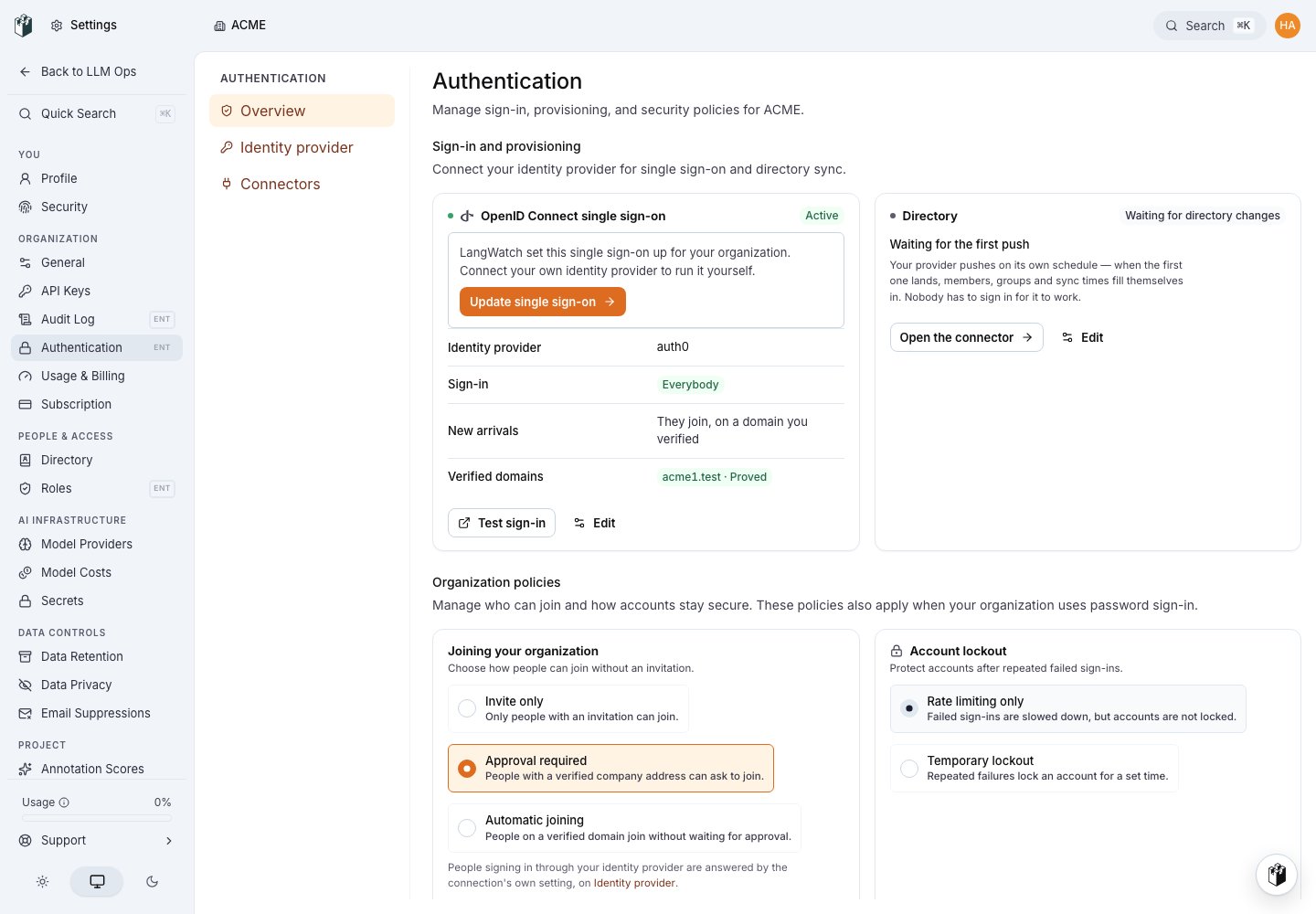 The Authentication overview. The single sign-on card says LangWatch set it up and offers Update single sign-on.