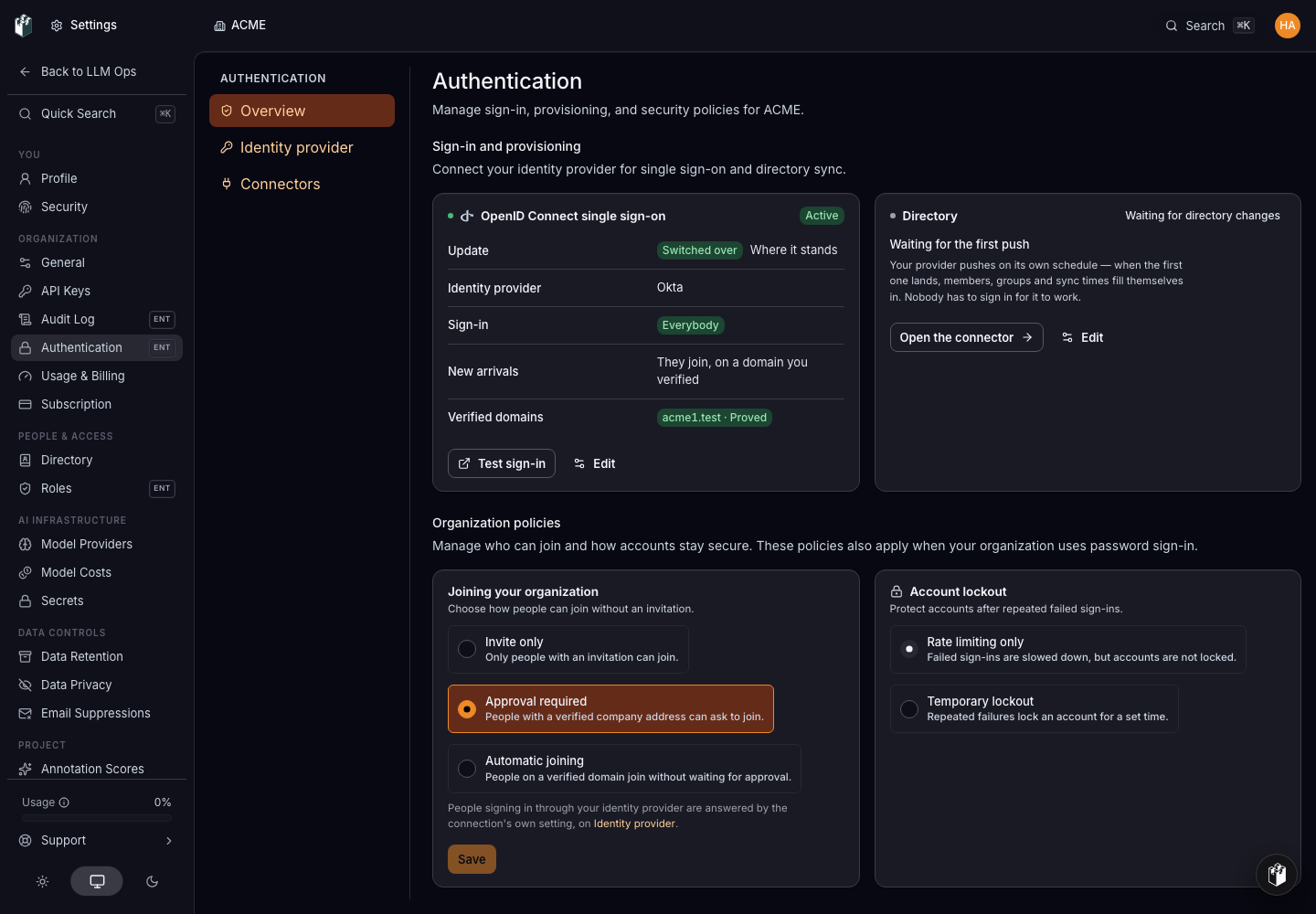 The Authentication overview after switching over, with the update status on the single sign-on card.