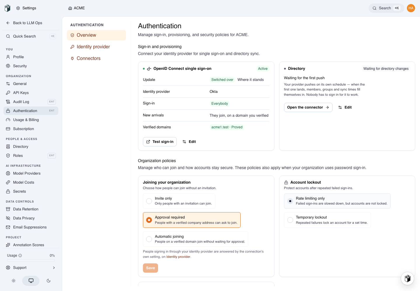 The Authentication overview after switching over, with the update status on the single sign-on card.