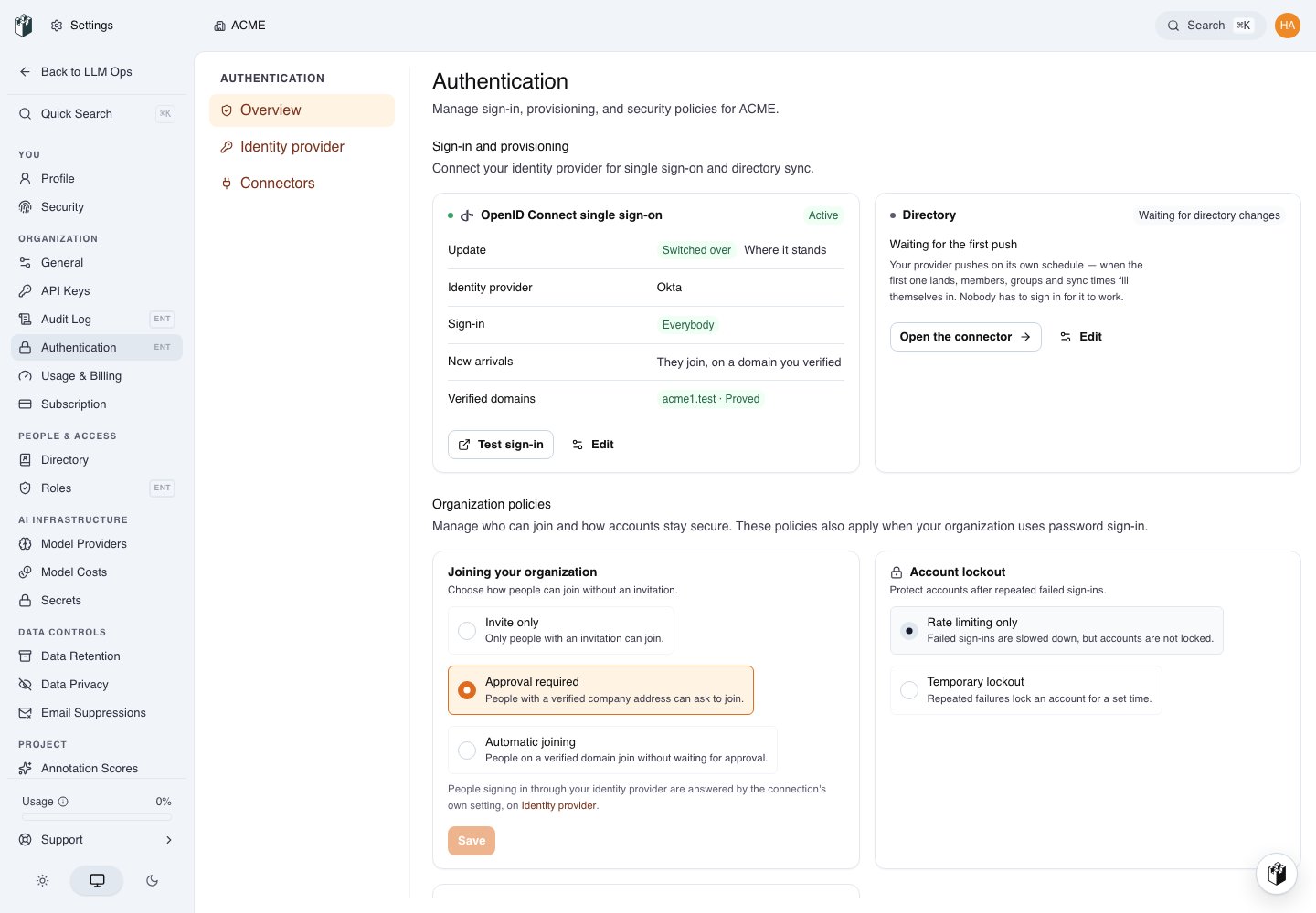 The Authentication overview after switching over, with the update status on the single sign-on card.