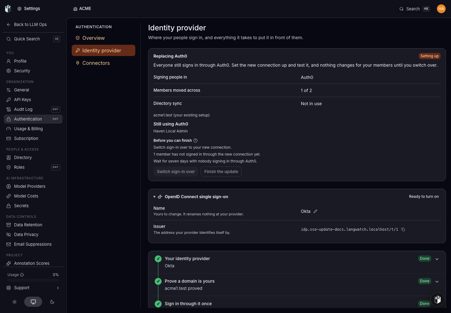 The setup steps for the new connection are complete and Go live is offered.