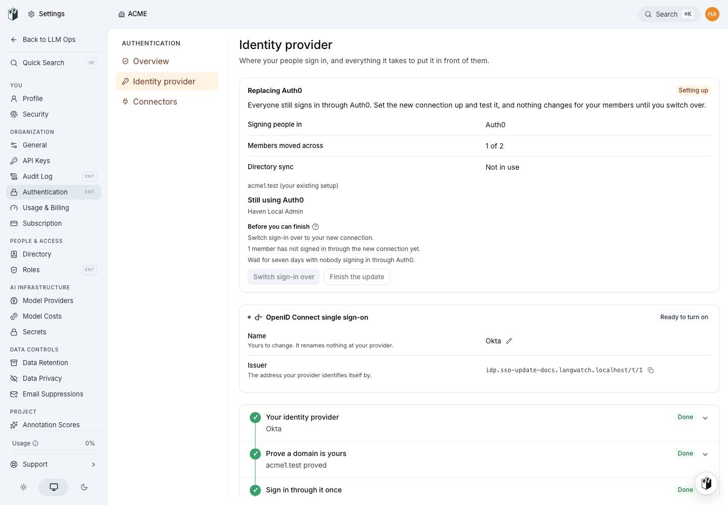 The setup steps for the new connection are complete and Go live is offered.