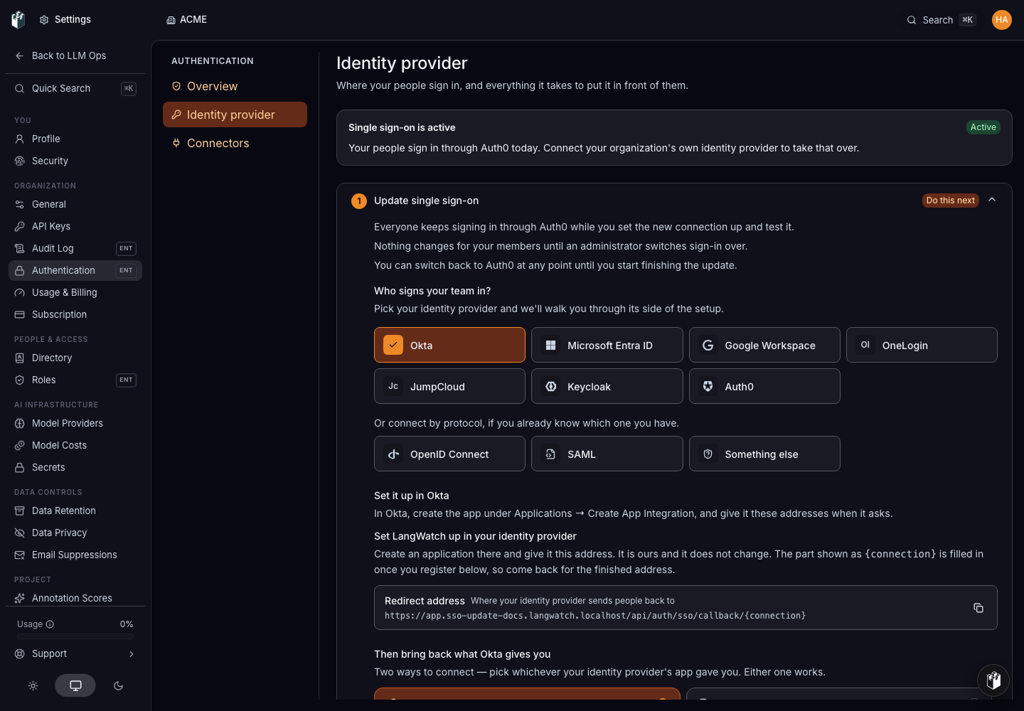 The Update single sign-on form with Okta selected, showing the redirect address to give the identity provider.