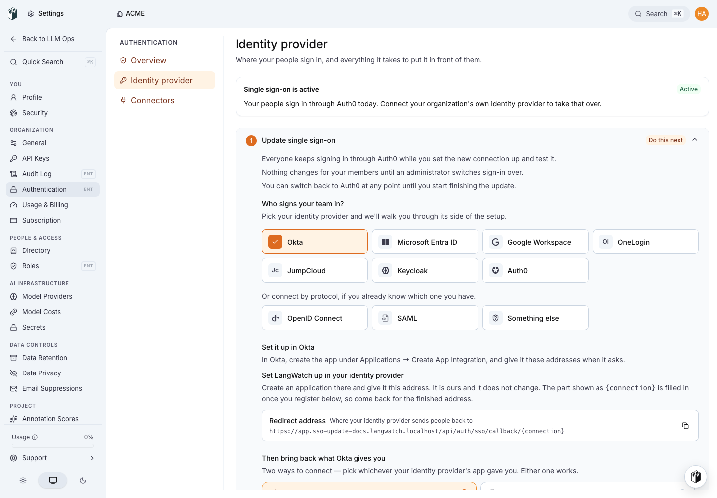 The Update single sign-on form with Okta selected, showing the redirect address to give the identity provider.