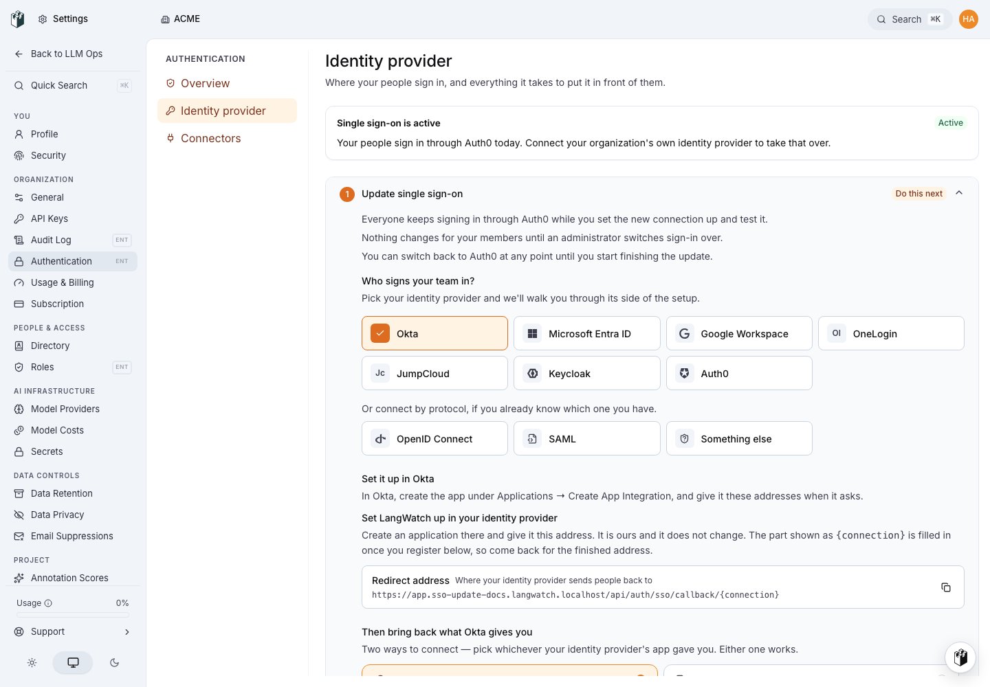 The Update single sign-on form with Okta selected, showing the redirect address to give the identity provider.